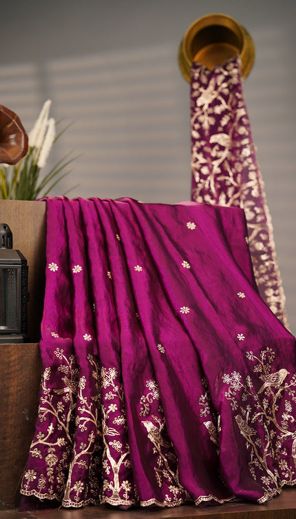 Soft Velvet Saree With Gold Zari Peta Work With Scallop Work - Purple