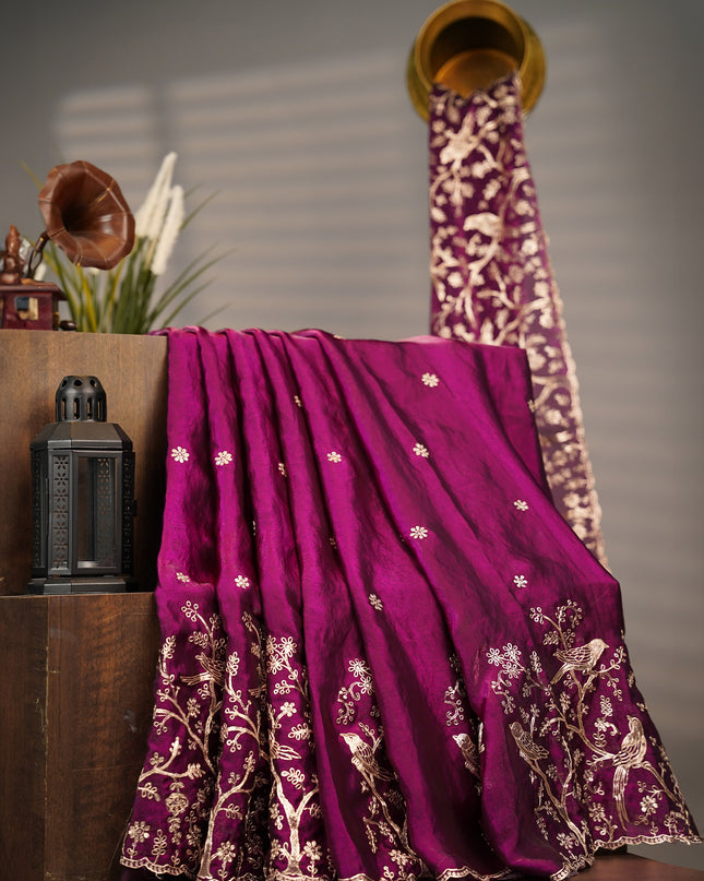 Soft Velvet Saree With Gold Zari Peta Work With Scallop Work - Purple
