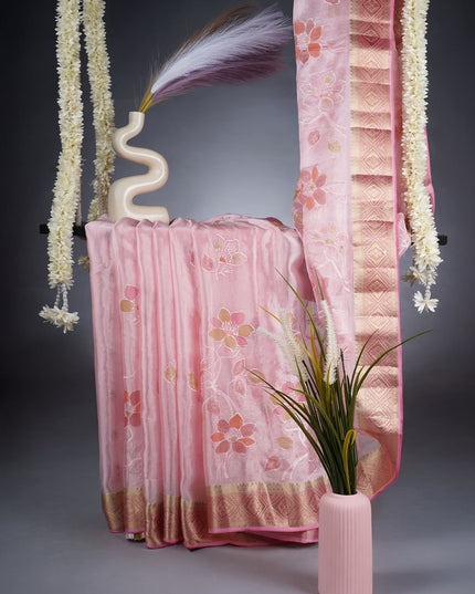 Soft Organza With Floral Embroidery & Gold Zari Border - Baby Pink