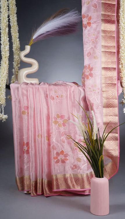 Soft Organza With Floral Embroidery & Gold Zari Border - Baby Pink