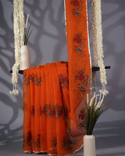Kota Saree with Thread Work Butties Silver Zari Border- Orange