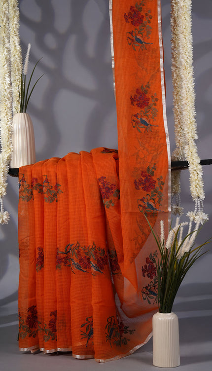 Kota Saree with Thread Work Butties Silver Zari Border- Orange