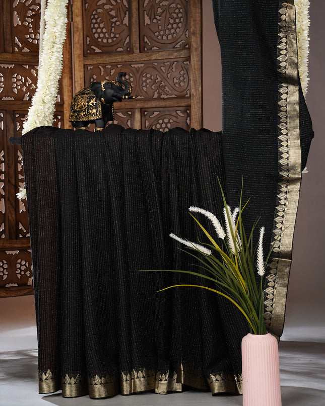 Korean Crepe Saree with Golden Zari Border - Black