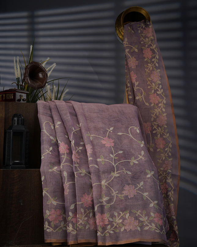 Tissue Linen Saree With Floral Print And Ari Work - Onion Pink