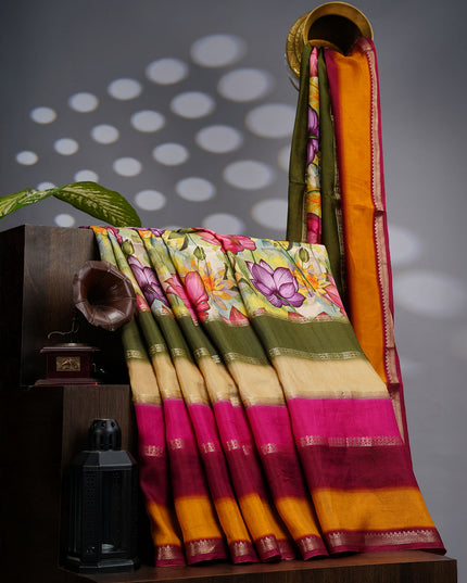 Binny Crepe Saree Floral Print With Rancut Border -  Multicolor