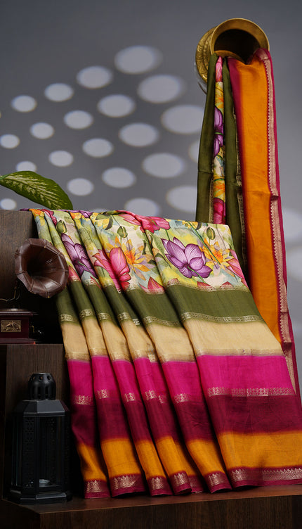 Binny Crepe Saree Floral Print With Rancut Border -  Multicolor