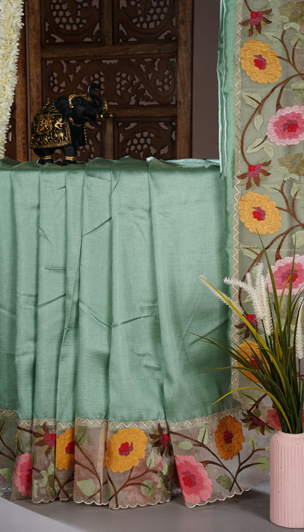 Kora Dupion Saree with Thread Work and Scallop Border - Sea Green