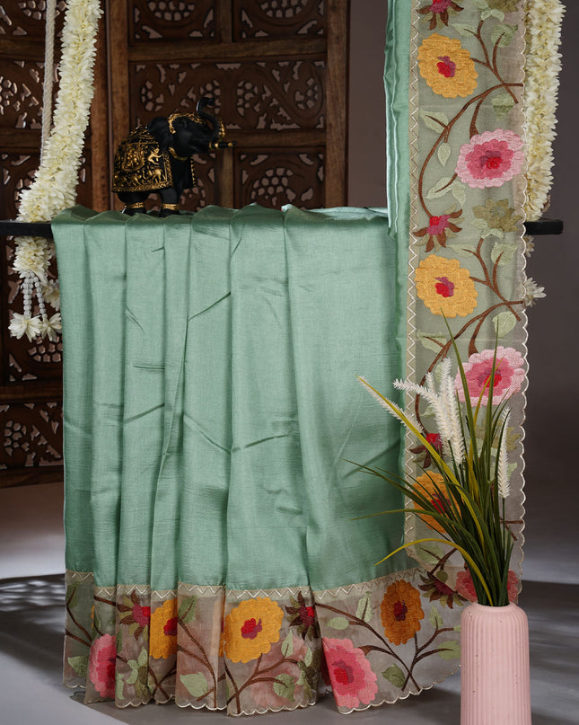 Kora Dupion Saree with Thread Work and Scallop Border - Sea Green