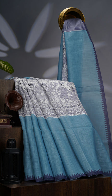 Lenin Silk Saree with Madhubani Print with Contrast Border- Sea Green