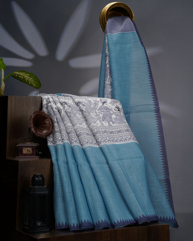 Lenin Silk Saree with Madhubani Print with Contrast Border- Sea Green