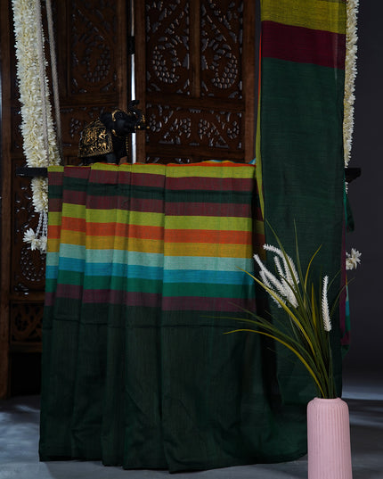mulcotton saree with multicolored check pattern - Bottle Green