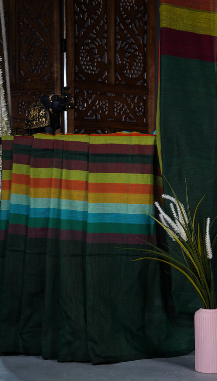 mulcotton saree with multicolored check pattern - Bottle Green