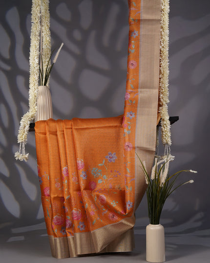 Tusser Silk Saree with Floral Print Contrast Border-  Mustered