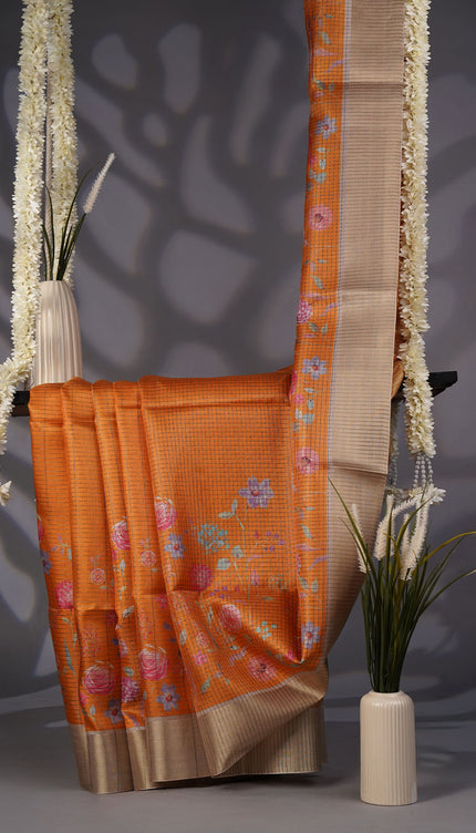 Tusser Silk Saree with Floral Print Contrast Border-  Mustered