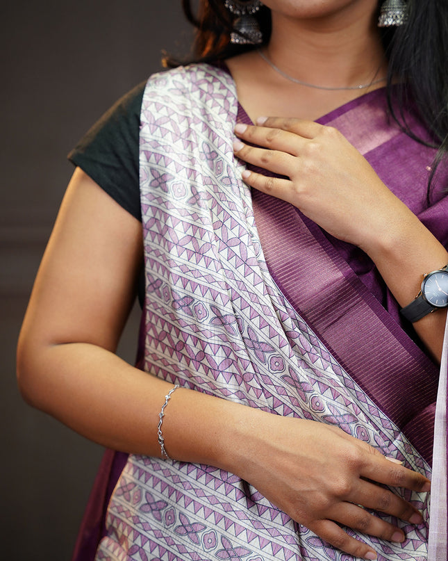 Tussar silk saree with madhubani print zari border - Wine