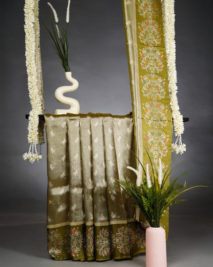 Tissue Banarasi Silk Saree with Gold Zari Butties and Meenakshi Border- Mehandi