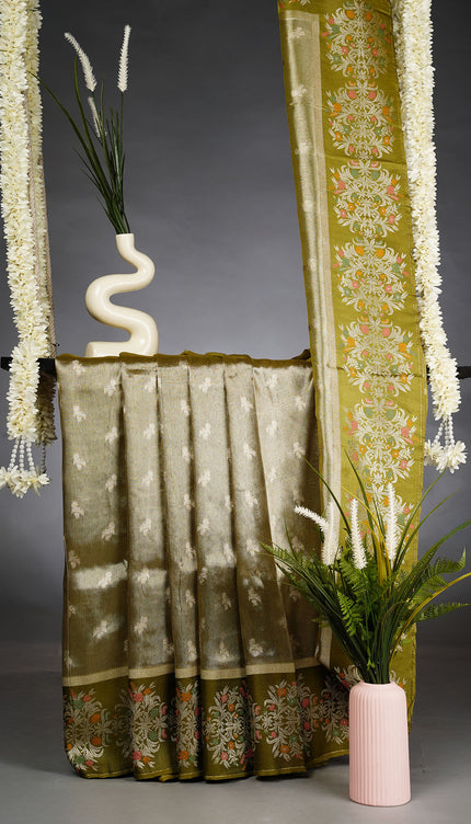 Tissue Banarasi Silk Saree with Gold Zari Butties and Meenakshi Border- Mehandi