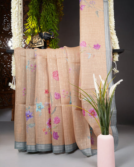 Lenin Silk saree with Floral Pallu and Silver Zari Border- Brown