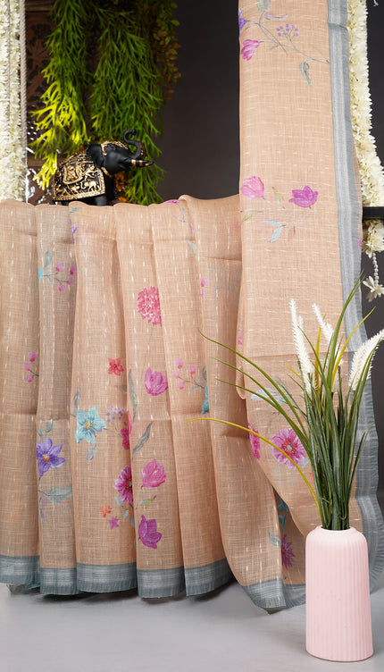 Lenin Silk saree with Floral Pallu and Silver Zari Border- Brown