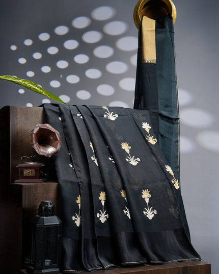 Kora Organza Silk Saree With Golden Silver Butties Satin Border - Black