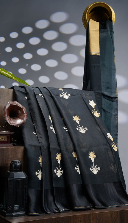 Kora Organza Silk Saree With Golden Silver Butties Satin Border - Black