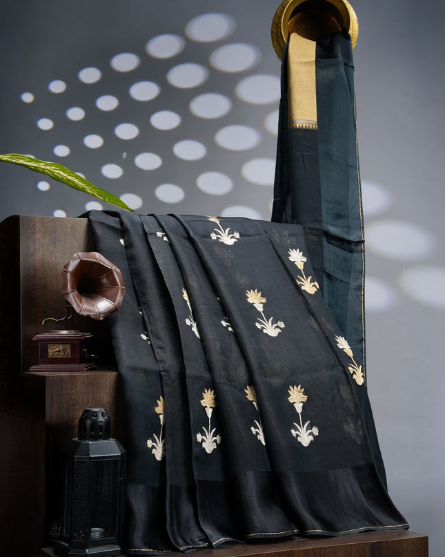 Kora Organza Silk Saree With Golden Silver Butties Satin Border - Black