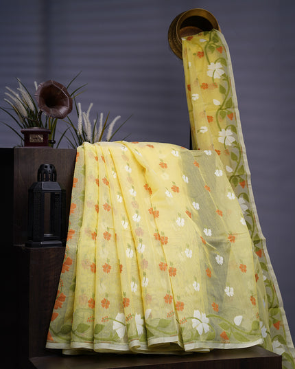 Lotus Cotton Saree With Floral Weaving Design - Yellow