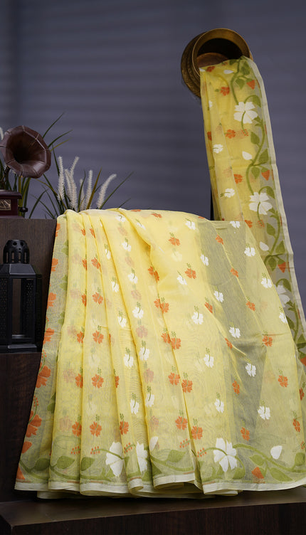 Lotus Cotton Saree With Floral Weaving Design - Yellow