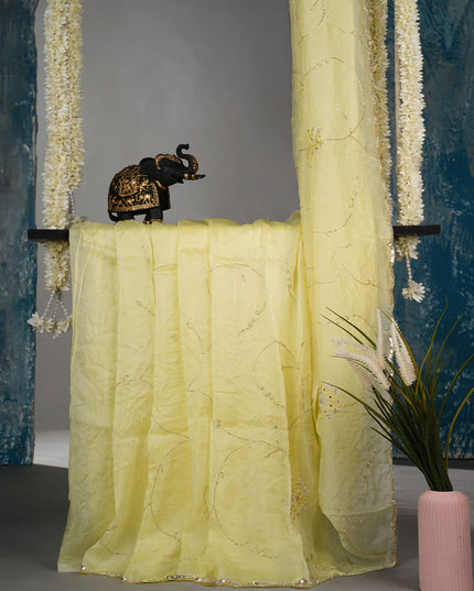 Russian Silk saree with allover Kardhana & sequence work Scallop Border - Yellow