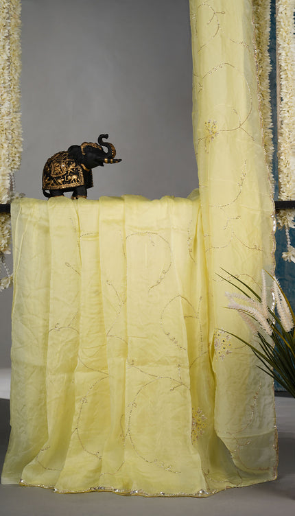Russian Silk saree with allover Kardhana & sequence work Scallop Border - Yellow
