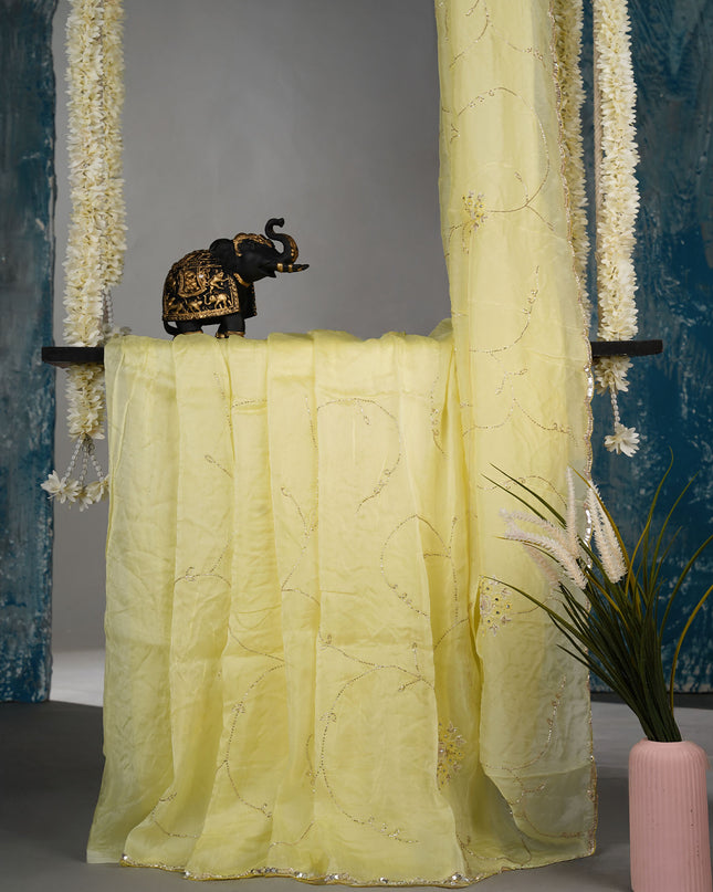 Russian Silk saree with allover Kardhana & sequence work Scallop Border - Yellow