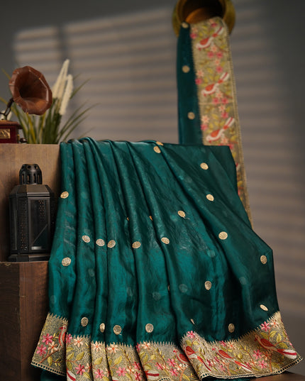 Soft Velvet Sarees With thread Embroidery Border - Bottle Green