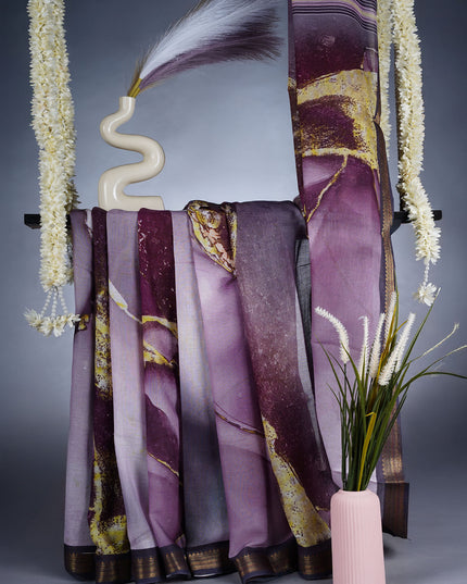 Muslin Silk Saree With Abstract Print Complimented Ly A Contrasting Dark Border With Gold Colored Trim -  Wine
