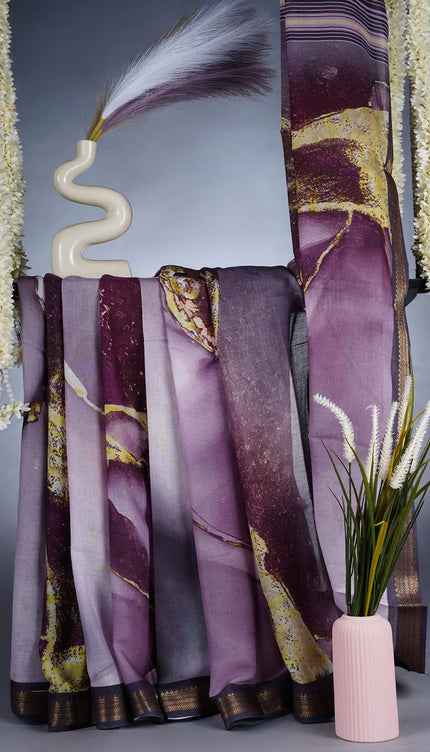 Muslin Silk Saree With Abstract Print Complimented Ly A Contrasting Dark Border With Gold Colored Trim -  Wine