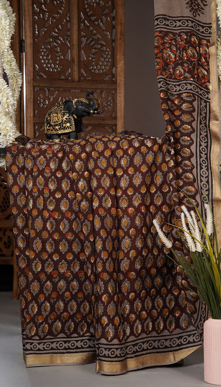 Mul cotton saree with Floral Kalamkari block print and contrast border - Chocolate Brown