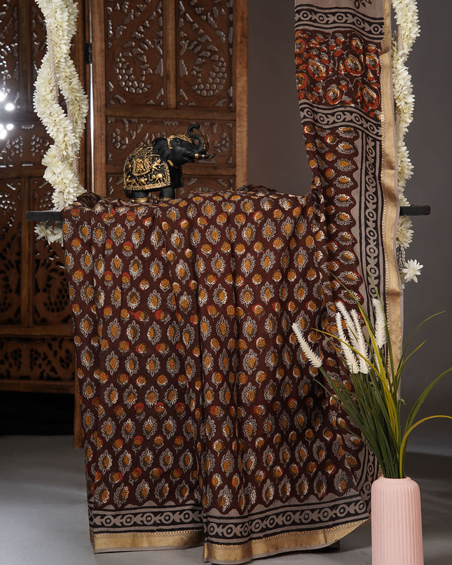Mul cotton saree with Floral Kalamkari block print and contrast border - Chocolate Brown