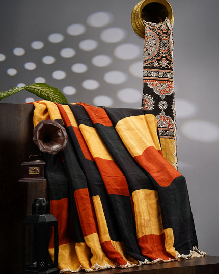 Crepe Saree With Multi Checks Scallop border With Kardhana Pearl Work - Multi Color