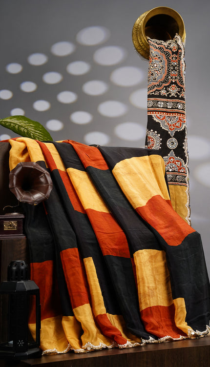 Crepe Saree With Multi Checks Scallop border With Kardhana Pearl Work - Multi Color