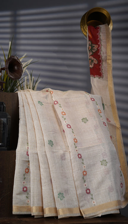 Kanchi Cotton Jamdani Weaving - Cream & Maroon