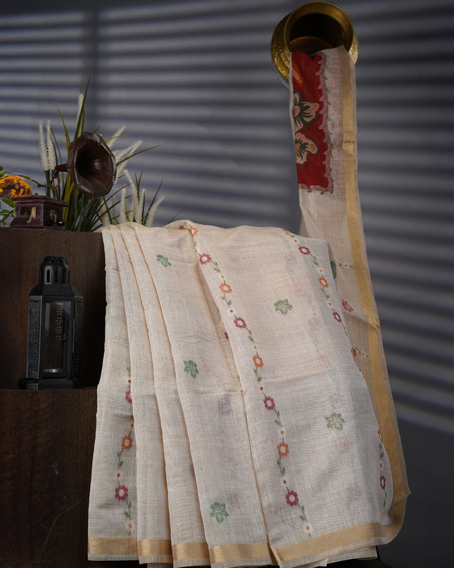 Kanchi Cotton Jamdani Weaving - Cream & Maroon