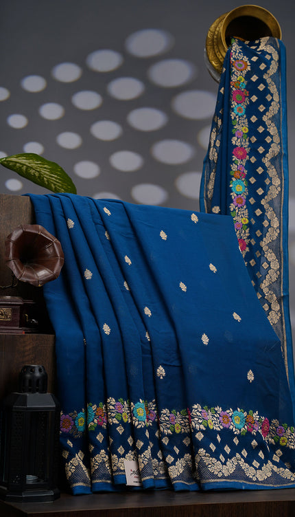 Kadi Georgette With Golden Butties Meenakari Border - Navy Blue