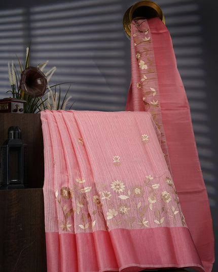 Jute Linen With Thread Embroidery Butties And Satin  Border - Pink