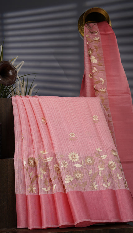 Jute Linen With Thread Embroidery Butties And Satin  Border - Pink