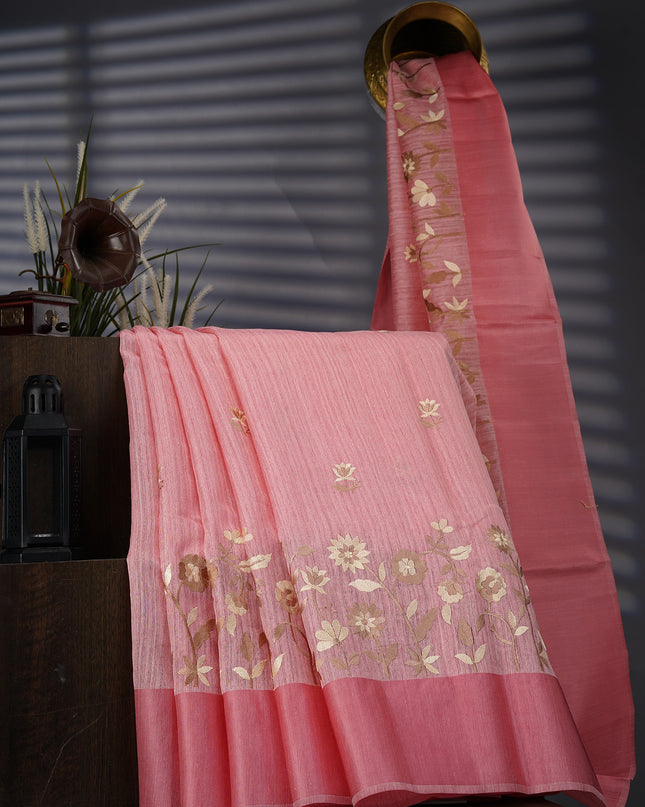 Jute Linen With Thread Embroidery Butties And Satin  Border - Pink