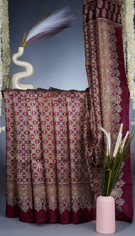 Pure Silk Saree with Ajrakh Print - Wine