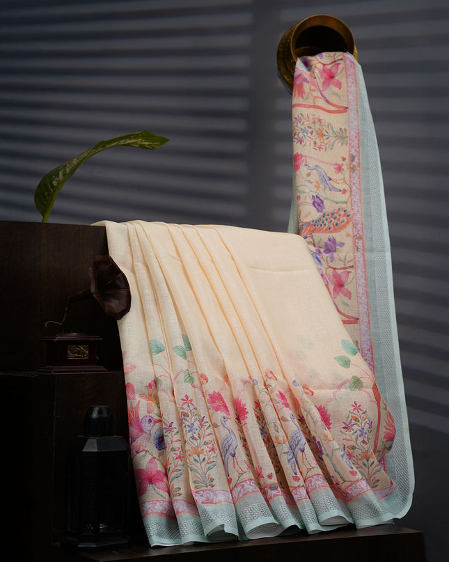 Linen Silk Saree With Floral Digital Print - Light Yellow