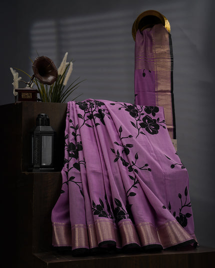 Muslin Silk Digital Print With Golden Zari Border -  Onion Pink