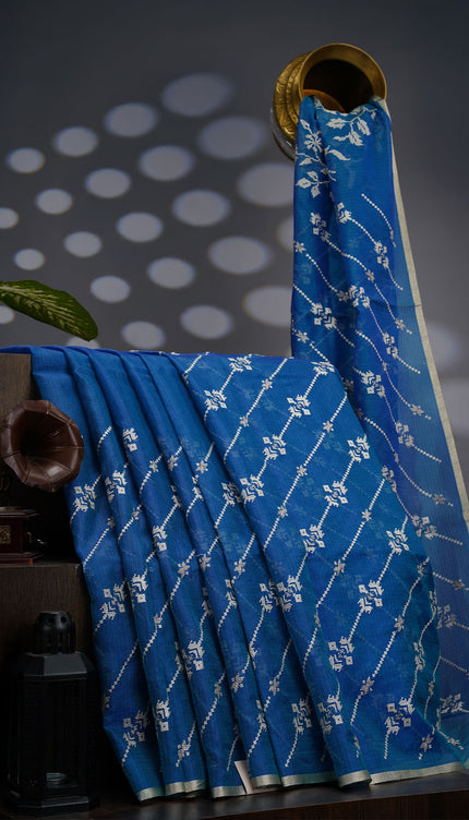 Silk Kota Saree With Allover Thread Embroidery Work With Gold Border -  Teal Blue