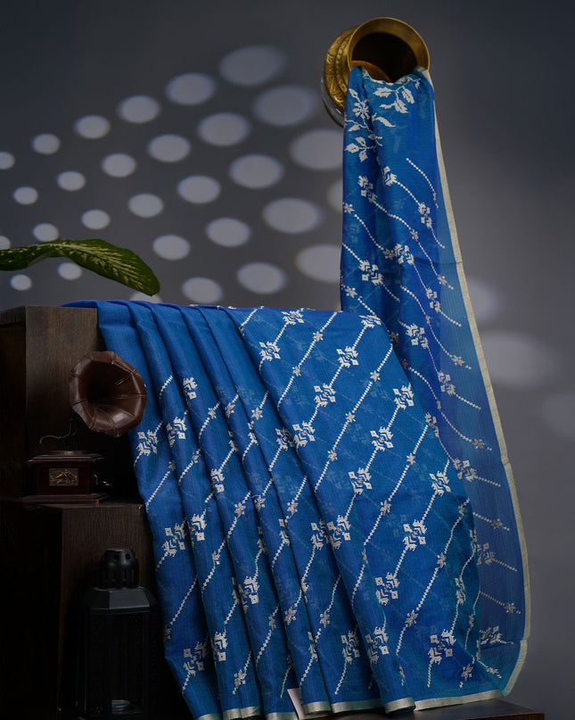 Silk Kota Saree With Allover Thread Embroidery Work With Gold Border -  Teal Blue