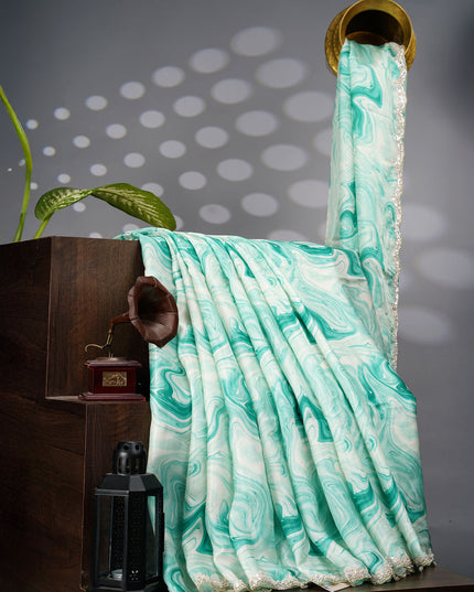 Satin Silk Saree With Shibori Print Scallop Border Kardana Sequence Work - Sea Green